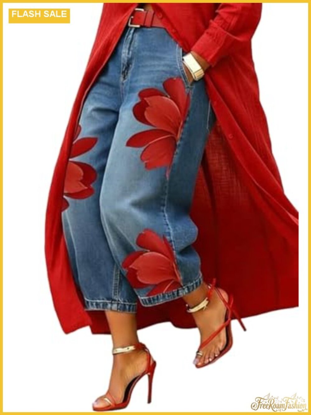 Women's Floral Barrel Jeans High Waisted Wide Leg Cropped Denim